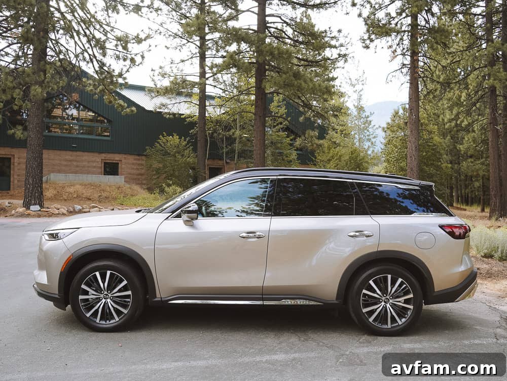 The sleek side mirrors and window lines of the Infiniti QX60.