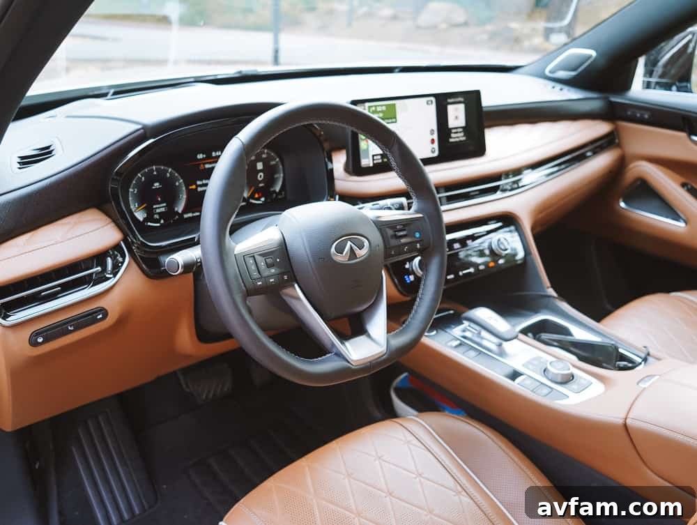 Infiniti QX60 parked by a tranquil body of water, reflecting its elegant design.