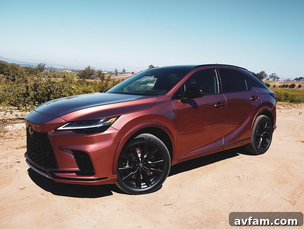Close-up of the 2023 Lexus RX 500h F Sport Performance front grille and Lexus emblem.