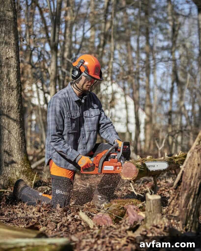 Safe Chainsaw Operation for Homeowners A person wearing full protective gear operates a chainsaw to cut a log, emphasizing safety practices.