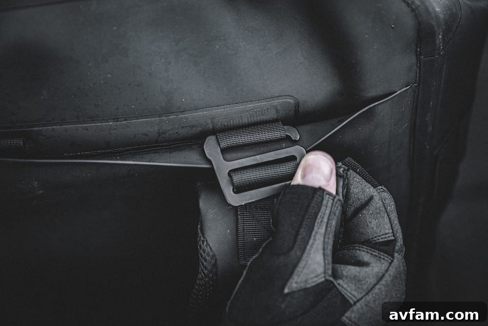 Outdoor adventure companion Subtech Pro Stealth 50L Drybag in an open outdoor setting.