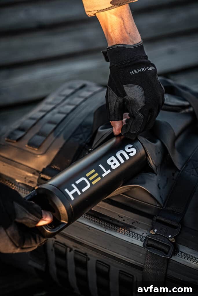 Dynamic adventure gear Subtech Pro Stealth 50L Drybag in a dynamic action shot.
