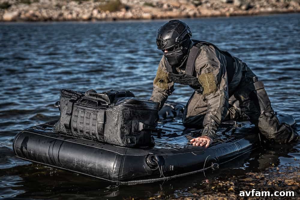 Floating drybag Subtech Pro Stealth 50L Drybag floating effortlessly on water.