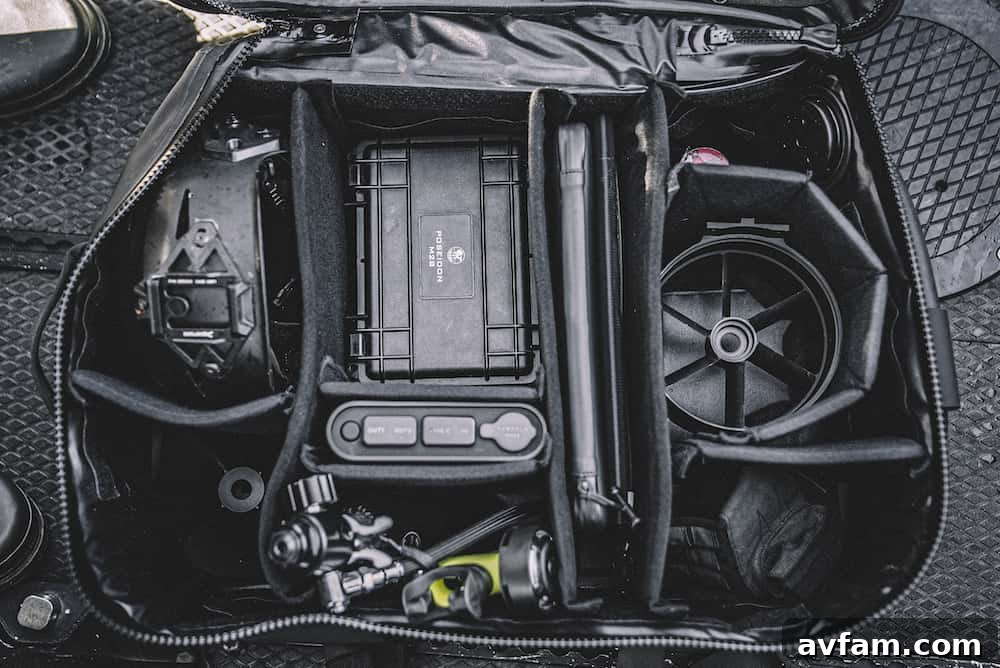 Organized interior with dividers Internal view of Subtech Pro Stealth 50L Drybag showing adjustable dividers and organized compartments.