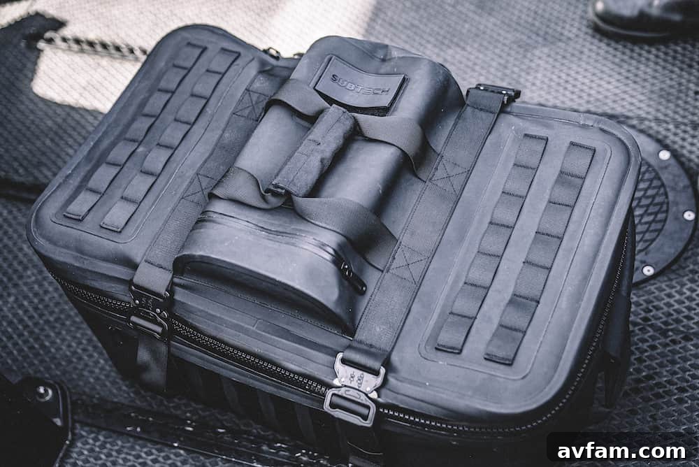 Dividers for organized packing Subtech Pro Stealth 50L Drybag with internal dividers clearly separating gear.