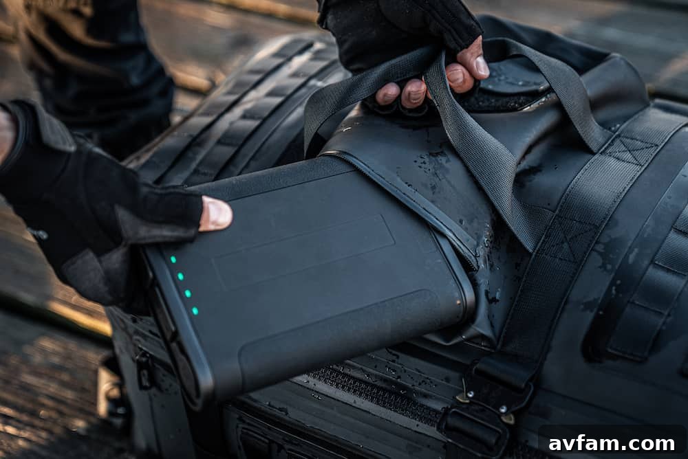 Ergonomic design for adventurers Subtech Pro Stealth 50L Drybag being worn as a backpack in a rugged outdoor environment.