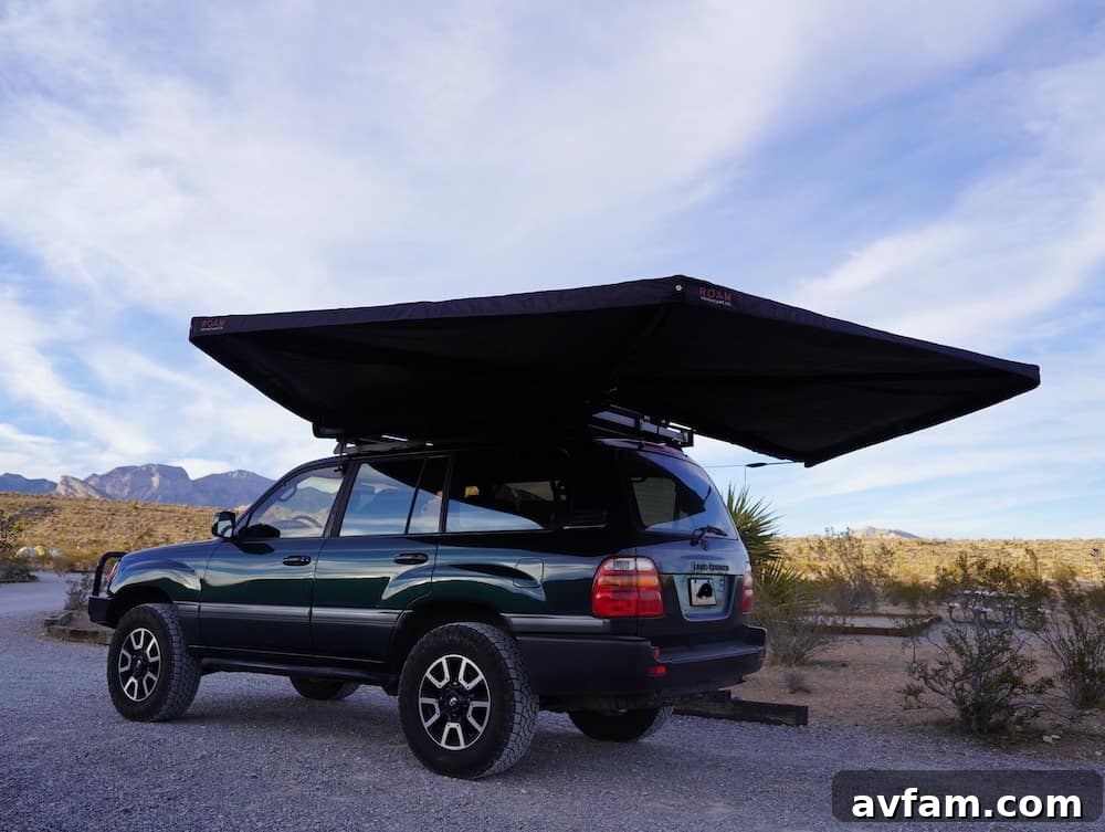 Roam ARC 270 awning covering the side of a truck, ideal for overlanding setups