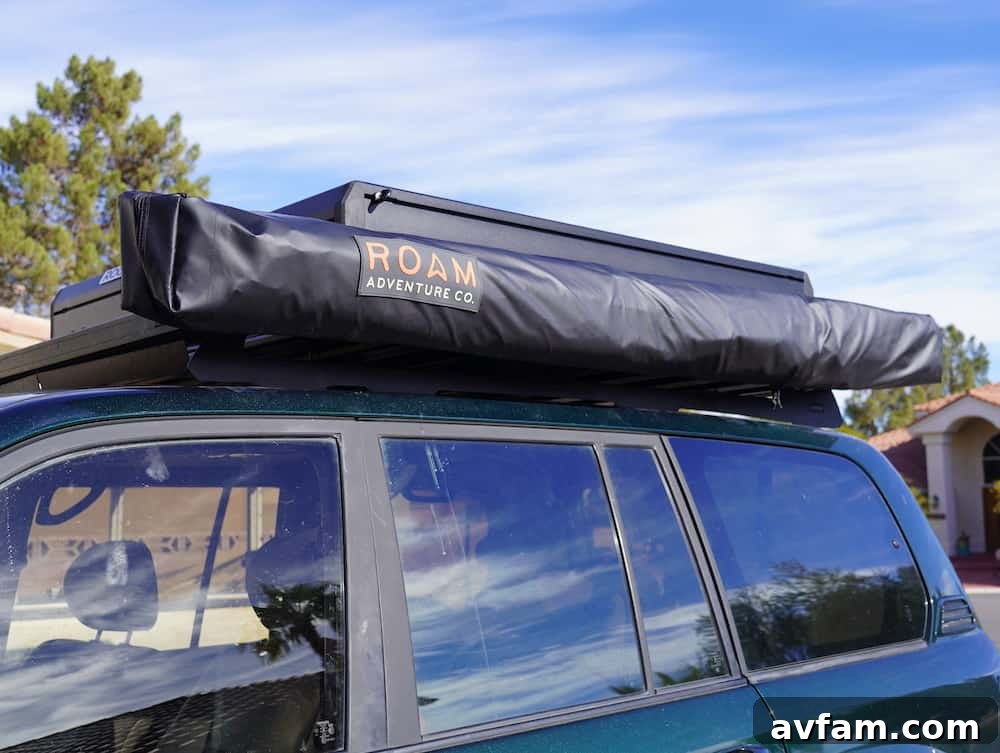 Roam ARC 270 awning mounted on a roof rack, ready for adventure travel