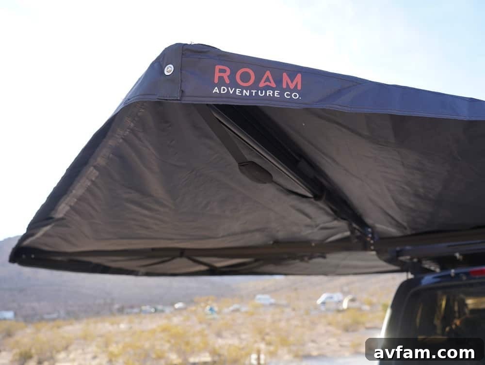Roam ARC 270 awning fully extended, showcasing its wide coverage for adventure vehicles