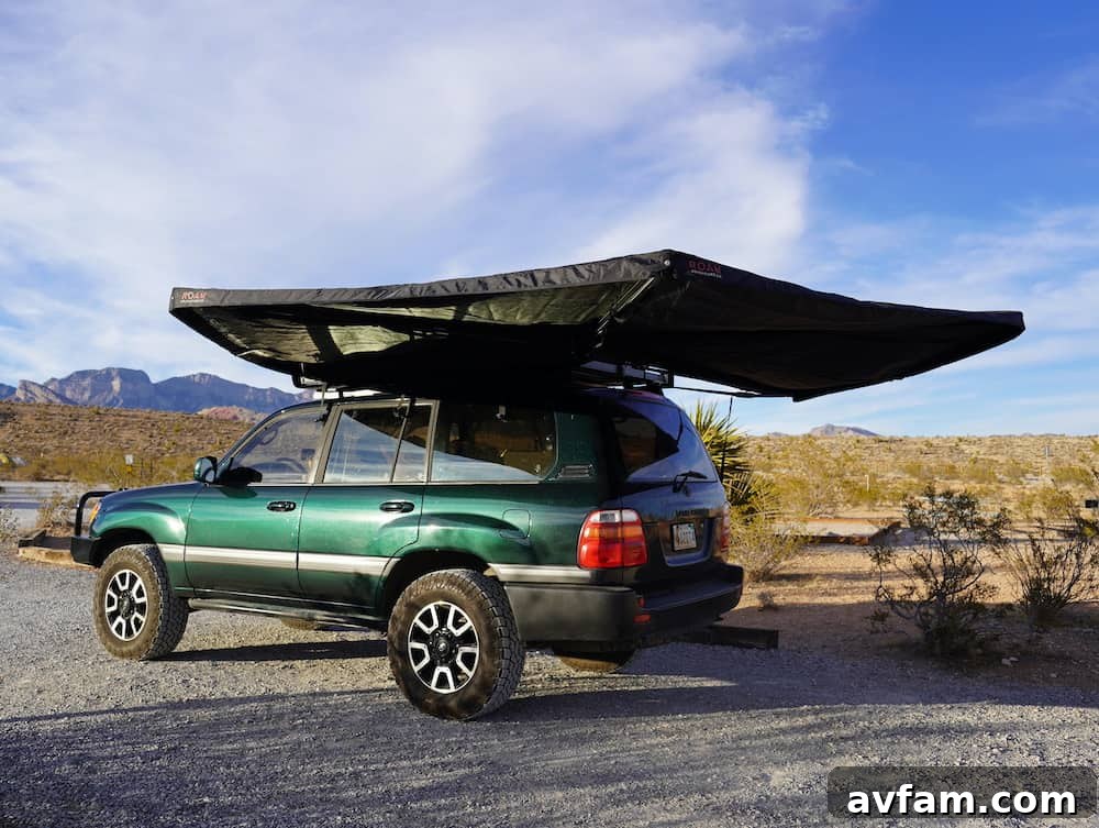 Close-up of the robust frame and fabric connection of the Roam ARC 270 awning