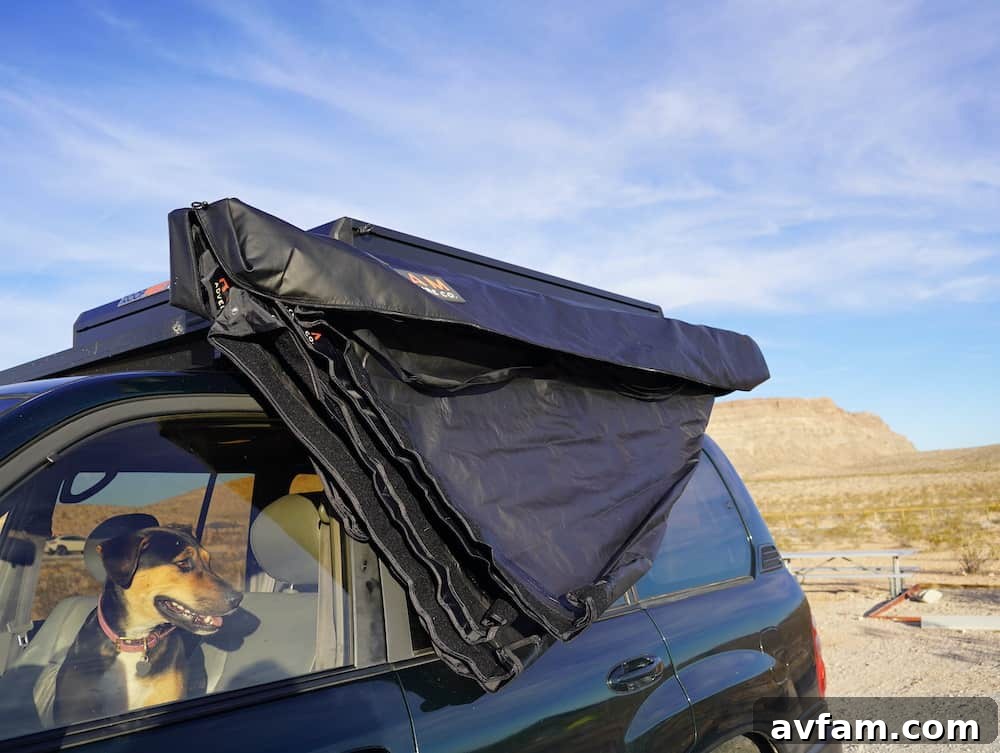 Roam ARC 270 awning providing extensive shade over a camp setup with chairs and table