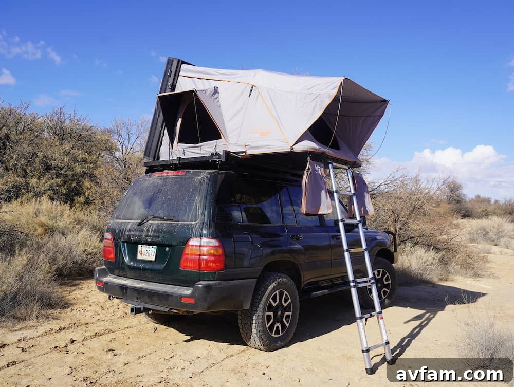 Condor Overland Deployed Roofnest Condor Overland fully deployed at a campsite