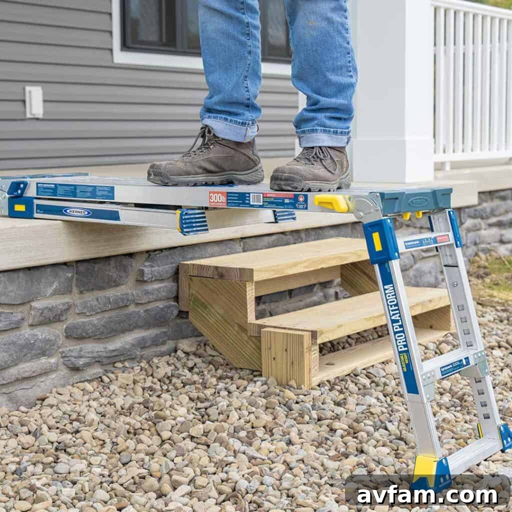 Durable Ladder Construction Close-up of a sturdy Werner ladder on a construction site, highlighting its robust materials and professional-grade construction.