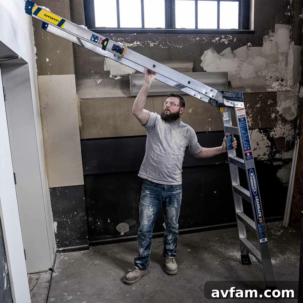 Ladder Safety Features A homeowner diligently cleaning gutters while standing on a stable Werner extension ladder, demonstrating safe working practices at height.