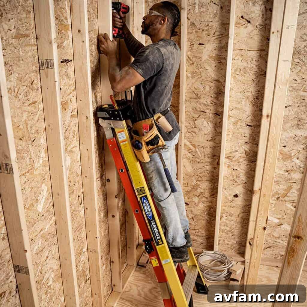 Ready for Home Projects A Werner extension ladder securely leaning against a house, ready for use, symbolizing readiness for various home projects.