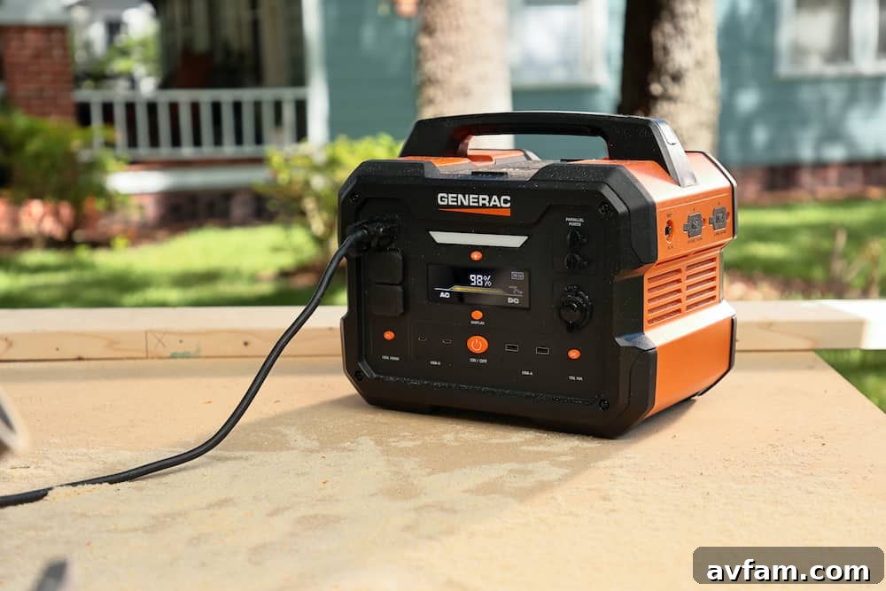 Generac GB1000 portable power station in a vehicle, ready for a road trip.