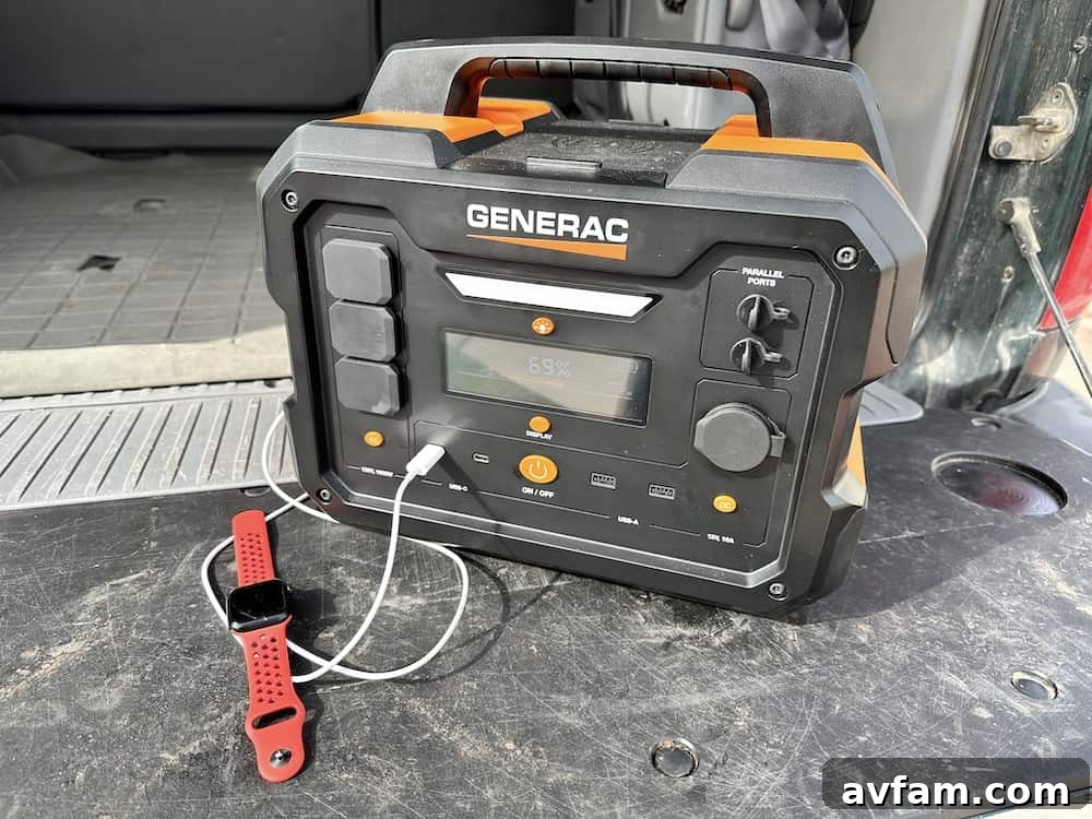 Generac GB1000 powering devices inside a vehicle.