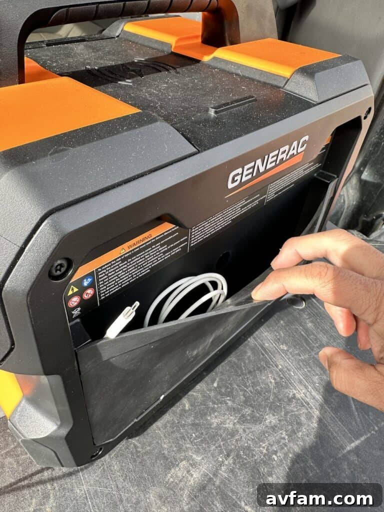 Side view of Generac GB1000 showing a storage pouch.