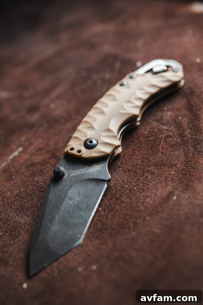 D2 steel pocket knife blade close-up, showcasing its robust construction