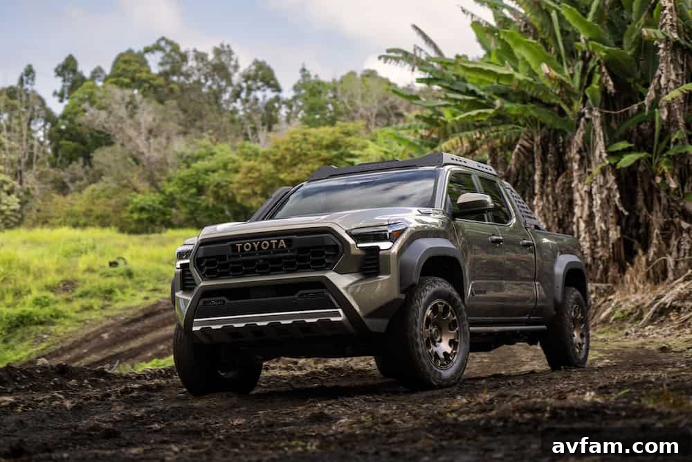 Close up of 2024 Toyota Tacoma Trailhunter grille with integrated LED light bar