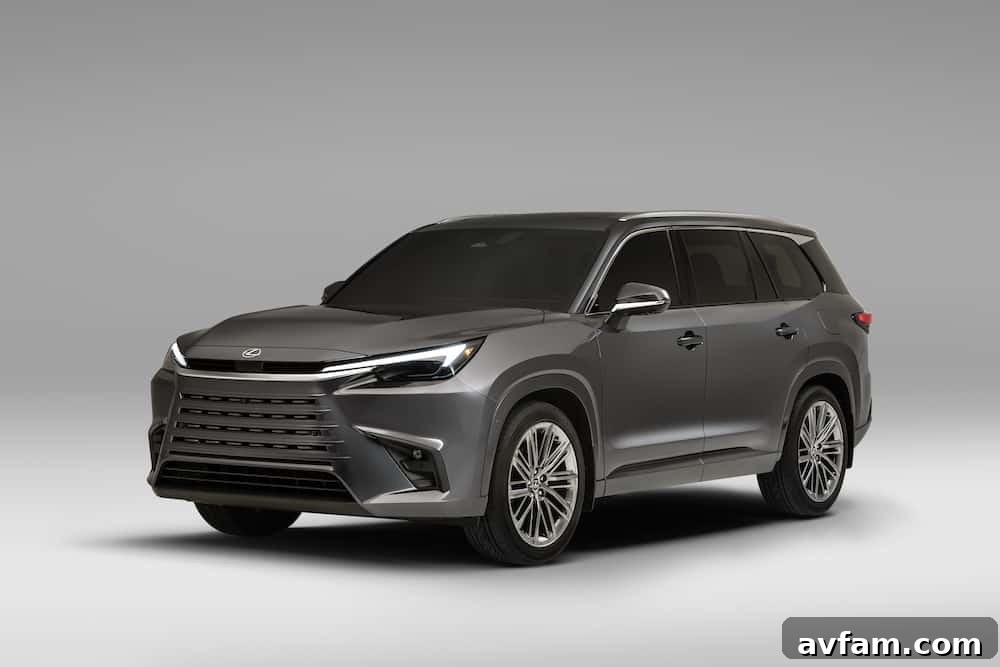 Front three-quarter view of the 2024 Lexus TX in a modern urban setting.