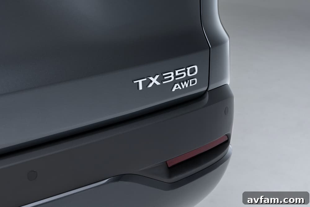 Dynamic shot of the Lexus TX driving on a scenic road.