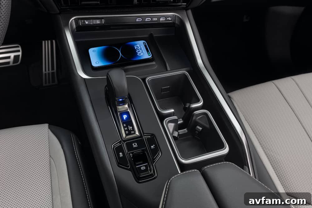 Close-up of the Lexus TX's gear selector and controls.