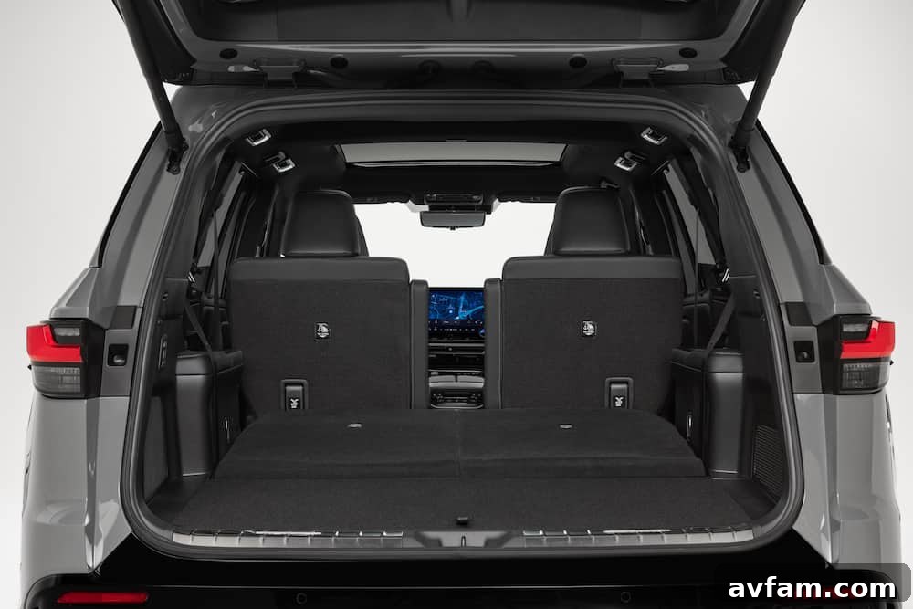 Interior shot of the Lexus TX from the second row, looking forward.