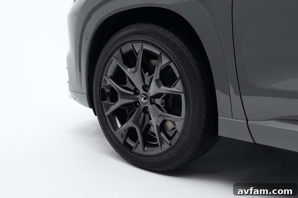 Frontal view of the Lexus TX, highlighting its strong presence.