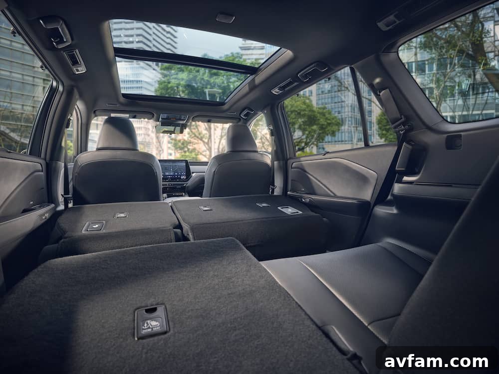 Interior shot of the Lexus TX showing the third-row seats folded down for maximum cargo space.