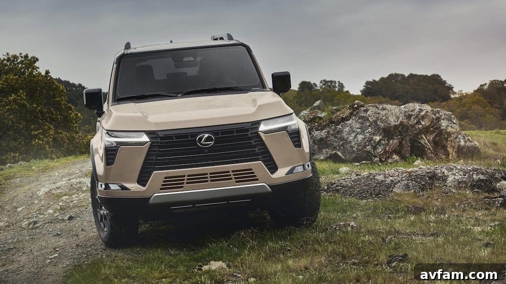 Side profile of the 2024 Lexus GX Overtrail with blacked-out wheels and off-road tires