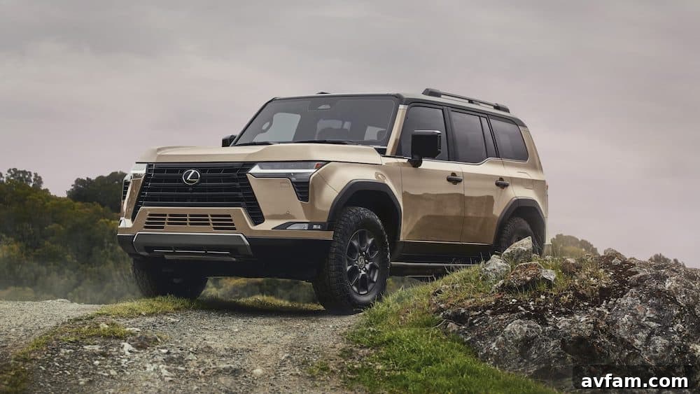Rear quarter view of the 2024 Lexus GX Overtrail, emphasizing its rugged styling and wide stance