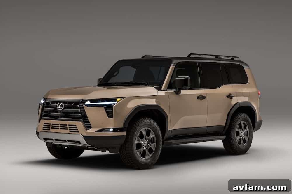 Action shot of the 2024 Lexus GX Overtrail traversing a rocky trail, kicked up dust