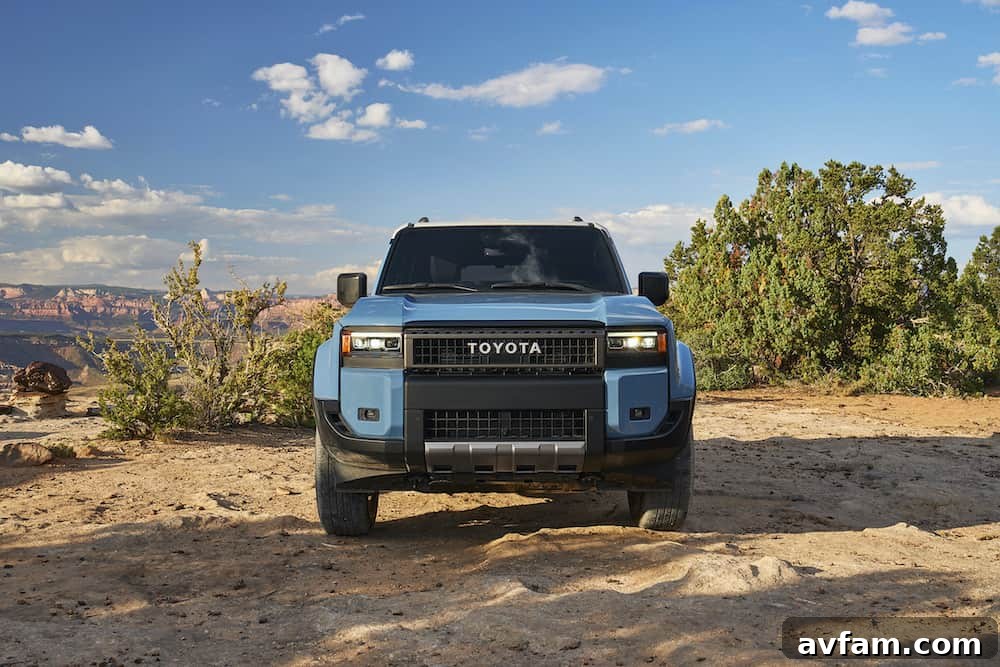 2024 Toyota Land Cruiser Rear Three-Quarter Three-quarter rear view of the 2024 Toyota Land Cruiser, highlighting its robust rear design.