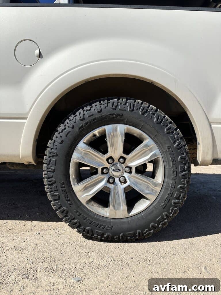 Discoverer Rugged Trek Tread Cooper Discoverer Rugged Trek tire on a truck, showing tread pattern