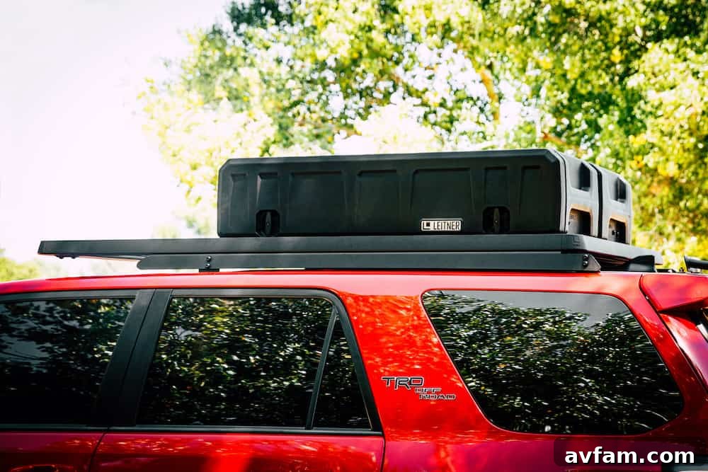 Leitner ACS ROOF Loaded A view of the Leitner ACS ROOF carrying various overlanding essentials, demonstrating its high capacity.