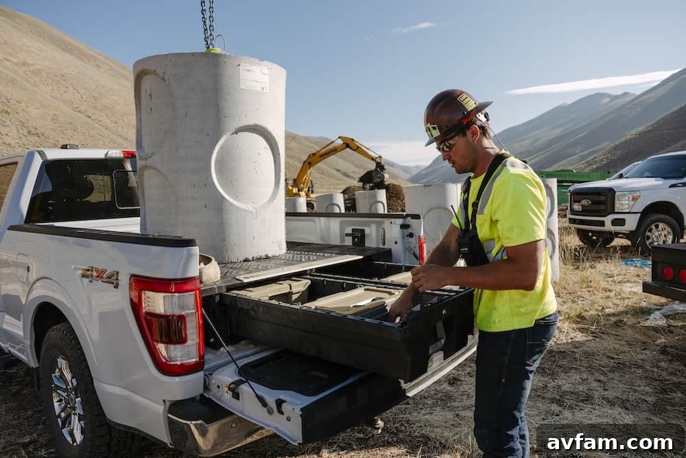 Contractor loading tools into the DECKED Drawer System for secure and accessible transport.