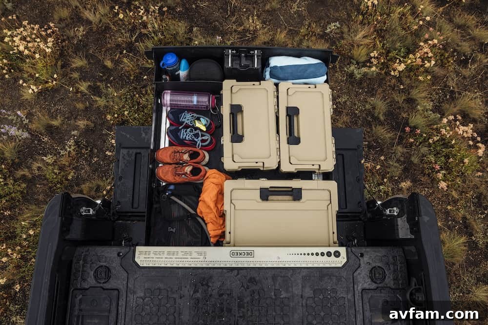 Overhead view of the DECKED Drawer System showcasing its rugged construction and integrated deck surface.