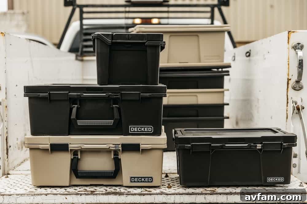A variety of DECKED D-co Cases organized neatly, ready for different outdoor and work applications.