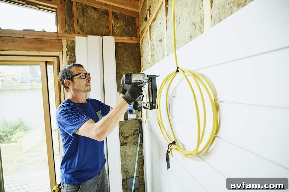 DIY Renovation Blunders: Averting Costly Home Project Errors 2 Man using nail gun to install siding during home remodeling project
