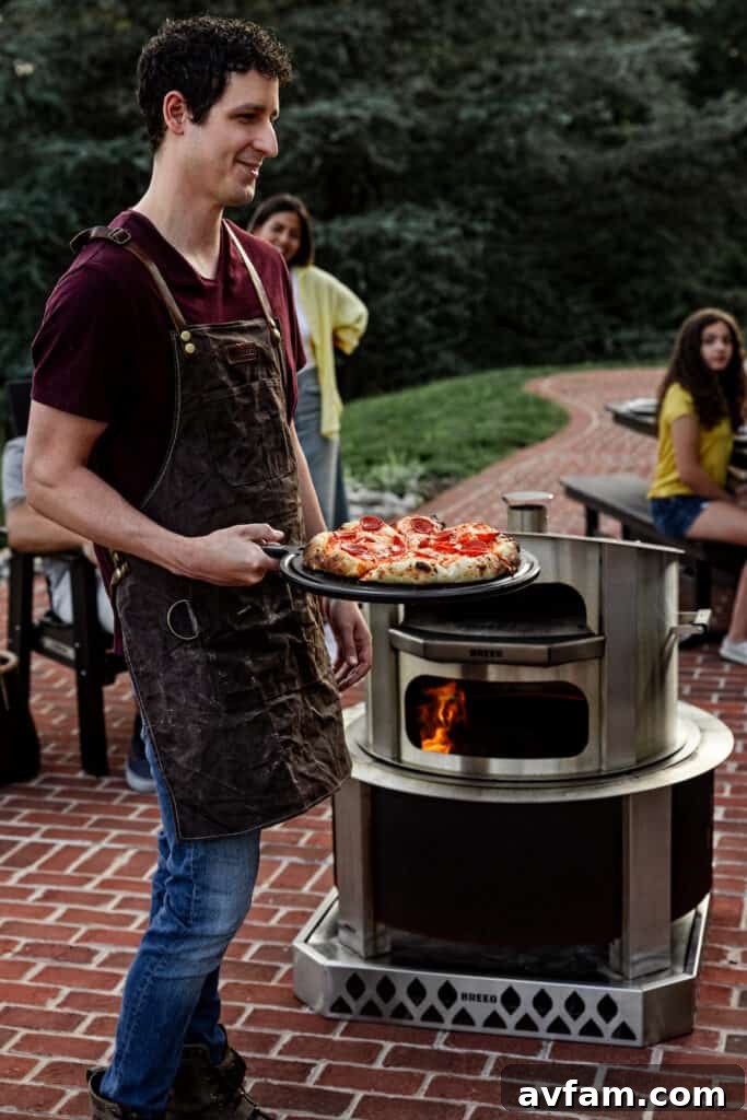 Delicious wood-fired pizza with fresh toppings on a wooden serving board.