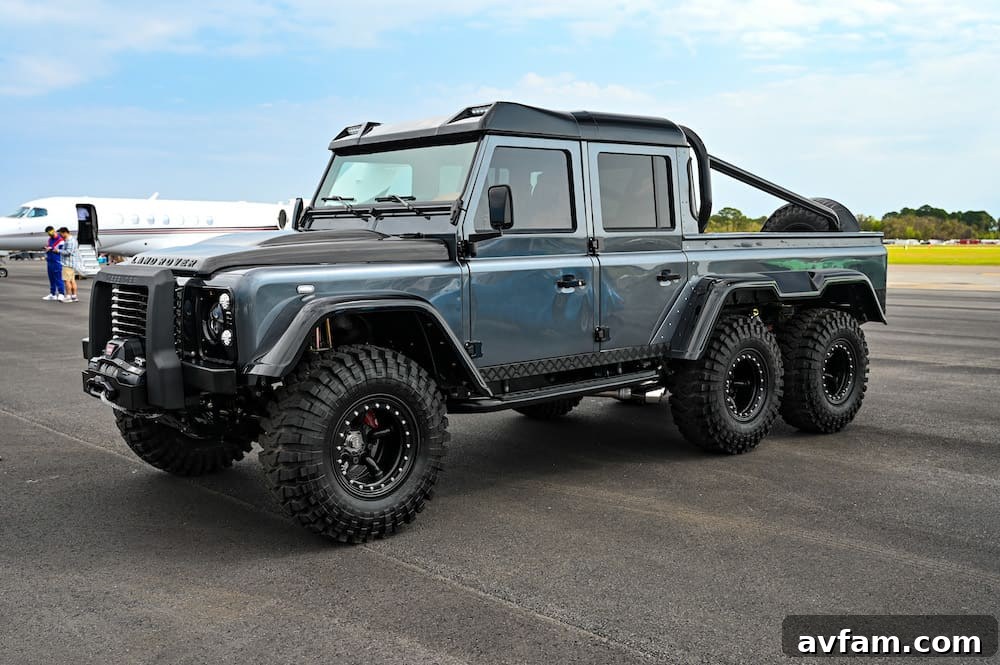 Rear quarter view of custom Land Rover Defender 6x6