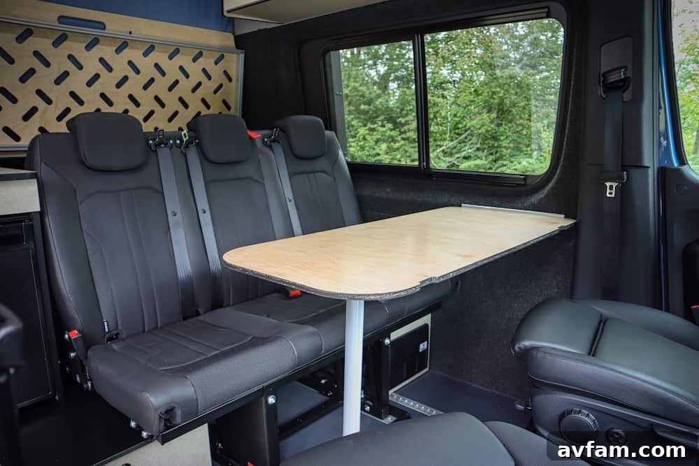 Alpaca Van Folded Bench Bed Alpaca camper van interior showing the Benchbed in folded position
