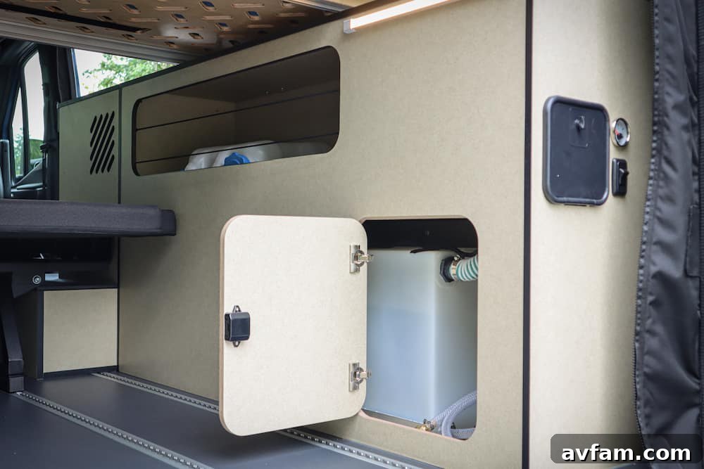 Alpaca Van Cabin Storage Alpaca camper van interior showing the driver's cabin and overhead storage