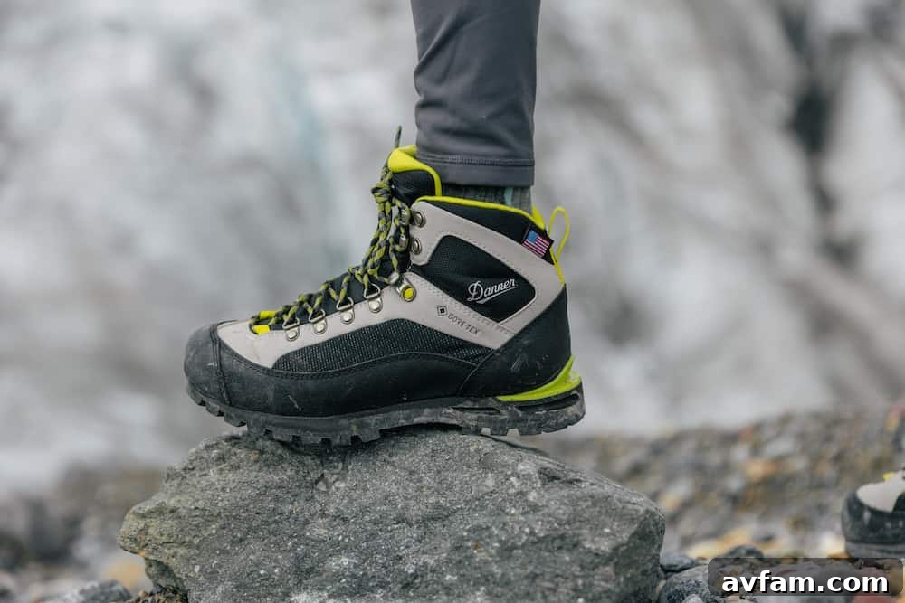 The Danner Mountain 600 EVO boot from a low angle, emphasizing its sturdy base.