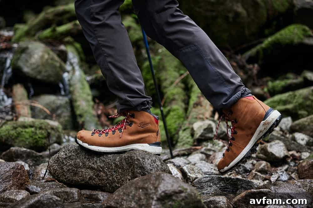 Two Danner Mountain 600 EVO boots resting on a rock, showcasing their robust design and sole.