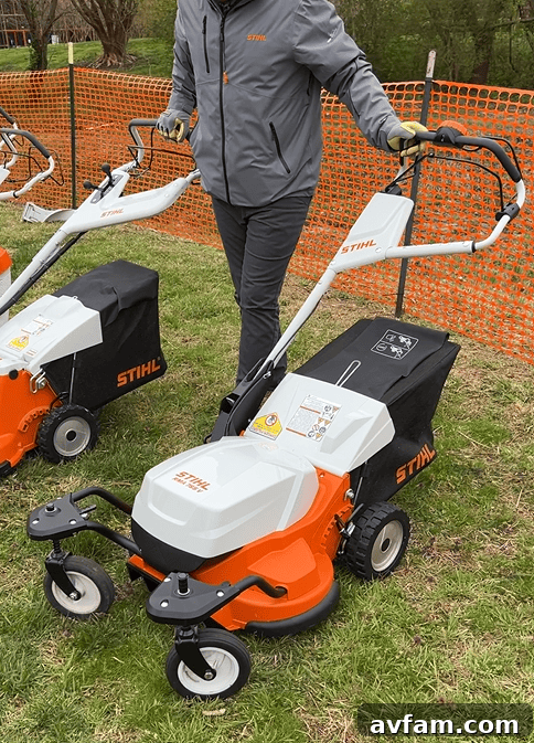Stihl RMA 765V Battery Mower The Stihl RMA 765V, a robust battery-operated outdoor power equipment lawn mower, ready for action.