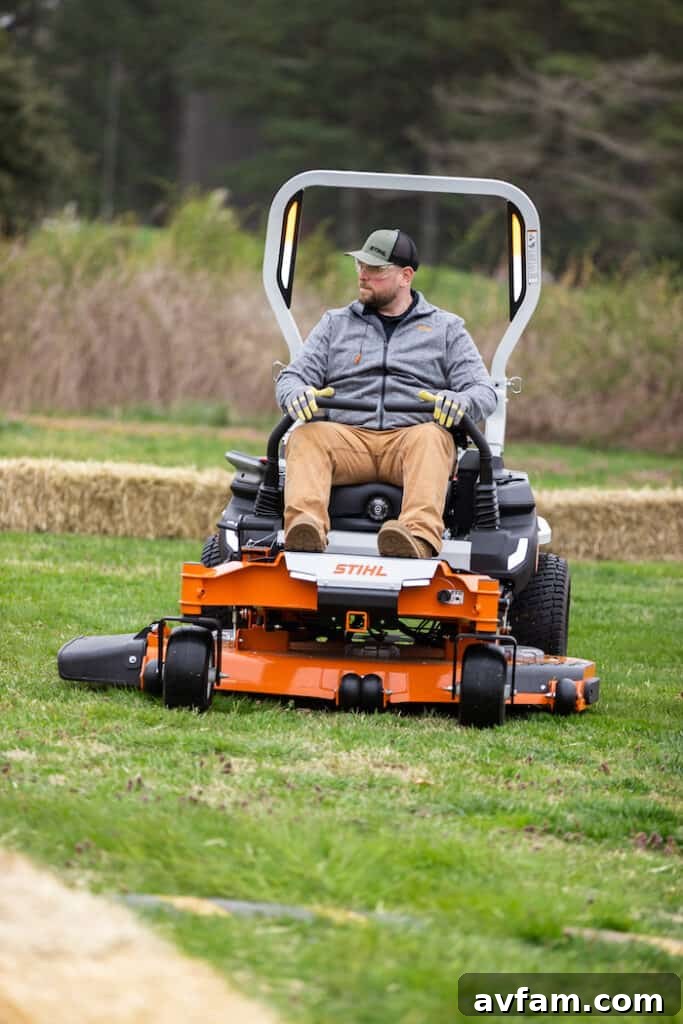 Wes Bartosik Tests RZA 700 Zero-Turn Reviewer Wes Bartosik test driving the Stihl RZA 700 Series Professional Battery-Operated Zero-Turn mower, showcasing its agility and power.