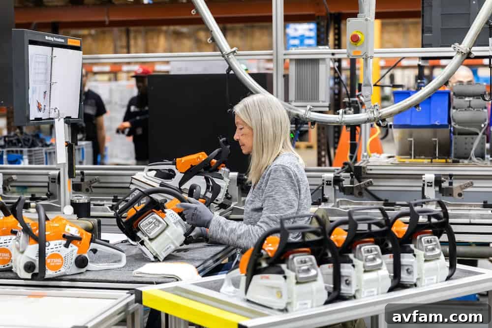 Stihl Gas Chainsaw Assembly Line Inspection Detailed final visual inspection of a Stihl gas-powered chainsaw on the 1148 assembly line, ensuring top-notch quality and performance.