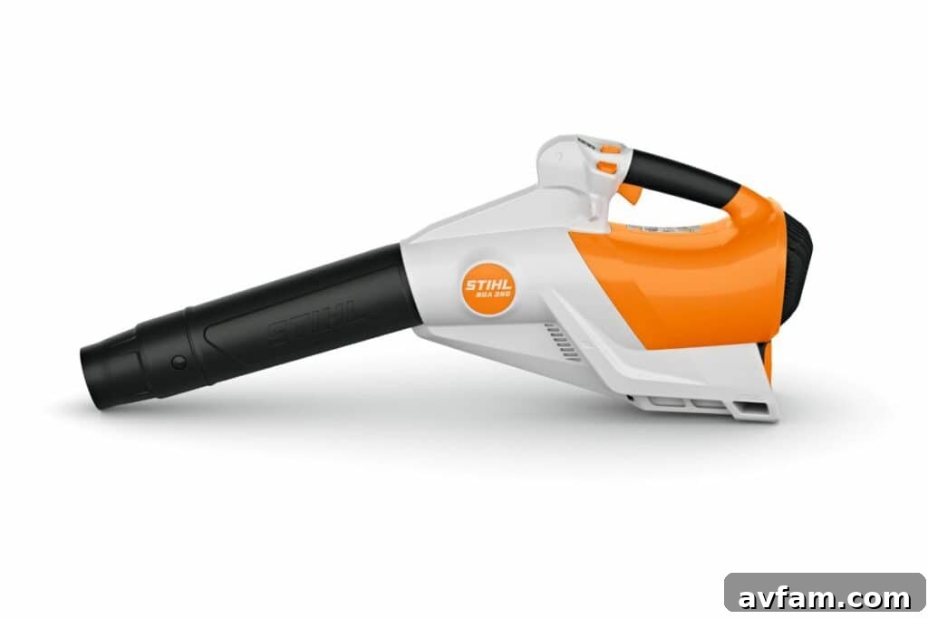 Stihl BGA 250 Handheld Blower The sleek design of the new Stihl BGA 250 Handheld Blower, a powerful battery-operated outdoor power equipment for professionals.
